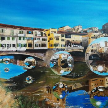 Painting titled "Il Ponte Di Firenze" by Manu Surreabulliste, Original Artwork, Oil Mounted on Wood Stretcher frame