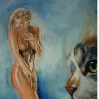 Painting titled "la belle et le chat…" by Manu Surreabulliste, Original Artwork, Oil Mounted on Wood Stretcher frame