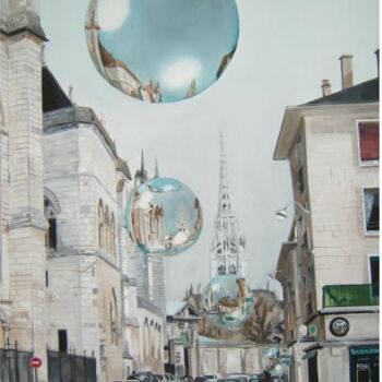 Malerei mit dem Titel "derrière la cathedr…" von Manu Surreabulliste, Original-Kunstwerk