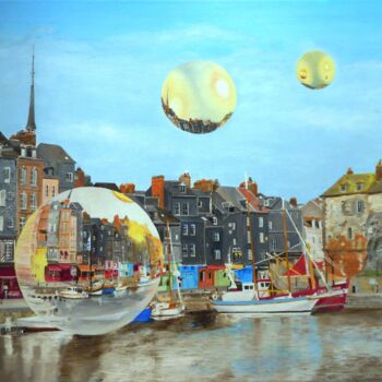 Картина под названием "le survol d'Honfleur" - Manu Surreabulliste, Подлинное произведение искусства, Масло