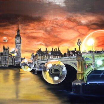 Malerei mit dem Titel "LONDON and BUBBLES" von Manu Surreabulliste, Original-Kunstwerk, Öl