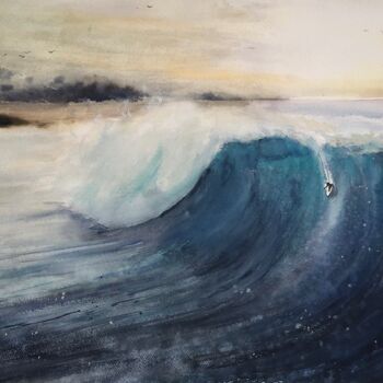 Malerei mit dem Titel "Big waves surfers" von Manu Toxxic, Original-Kunstwerk, Aquarell