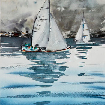 Pittura intitolato "Sailboats on Lugano…" da Manu Toxxic, Opera d'arte originale, Acquarello