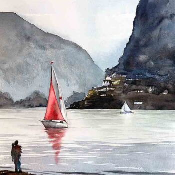 Schilderij getiteld "The red sailboat" door Manu Toxxic, Origineel Kunstwerk, Aquarel