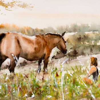 Painting titled "Mara and the Horse" by Manu Toxxic, Original Artwork, Watercolor