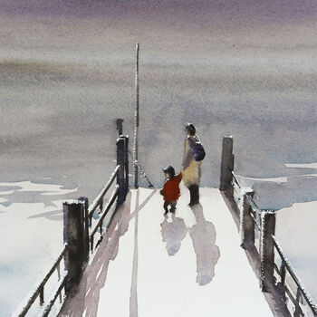 Schilderij getiteld "At the Dock edge" door Manu Toxxic, Origineel Kunstwerk, Aquarel