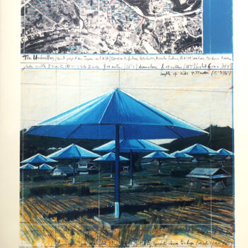 Druckgrafik mit dem Titel "Christo: The Umbrel…" von Manuel Aragonés, Original-Kunstwerk, Lithographie