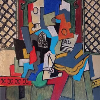 Painting titled "Nature Morte Cubiste" by Manuel Galaso, Original Artwork, Acrylic Mounted on Wood Stretcher frame