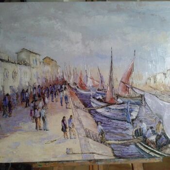 Painting titled "PECHEURS A QUAI" by Manuel Martin, Original Artwork, Oil