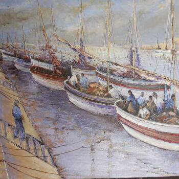 Schilderij getiteld "pêcheurs au GRAU DU…" door Manuel Martin, Origineel Kunstwerk, Olie