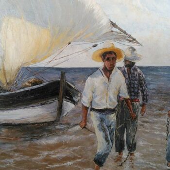 Schilderij getiteld "Rentrée de la pêche" door Manuel Martin, Origineel Kunstwerk, Olie