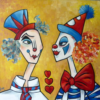Pittura intitolato "clowns amoureux ou…" da Manuèle Lenoir, Opera d'arte originale, Olio