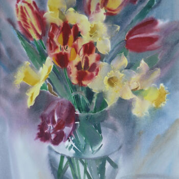 Malarstwo zatytułowany „Red tulips” autorstwa Igor Manukhov, Oryginalna praca, Akwarela