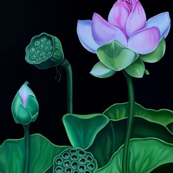 Peinture intitulée "4 stages of Lotus l…" par Mariia Gnyniuk, Œuvre d'art originale, Huile Monté sur Châssis en bois