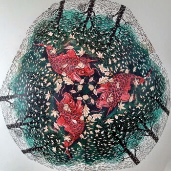 Incisioni, stampe intitolato "Three Worlds Cubed…" da Michael E. Voss, Opera d'arte originale, Incisioni su linoleum