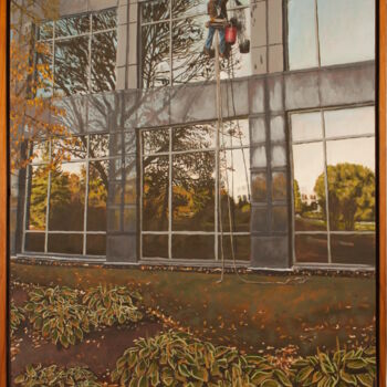 Painting titled "Window Wash" by Michael E. Voss, Original Artwork, Oil Mounted on Wood Stretcher frame