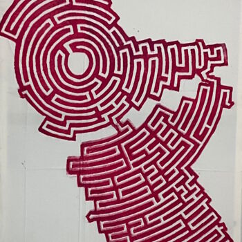 Prenten & gravures getiteld "Labyrinth #9" door Michael E. Voss, Origineel Kunstwerk, Linosnede Gemonteerd op Frame voor hou…