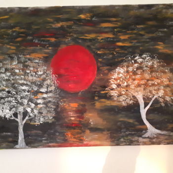 Painting titled "2 arbres sous la lu…" by Florence Castelli  Flofloyd, Original Artwork, Acrylic