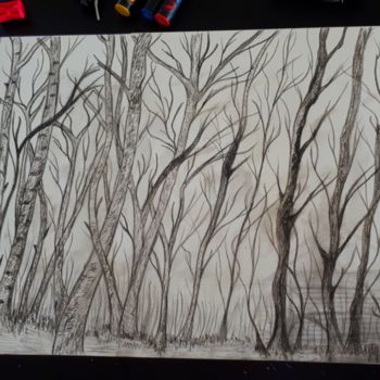 Drawing titled "Dessin d arbres" by Florence Castelli  Flofloyd, Original Artwork, Pencil