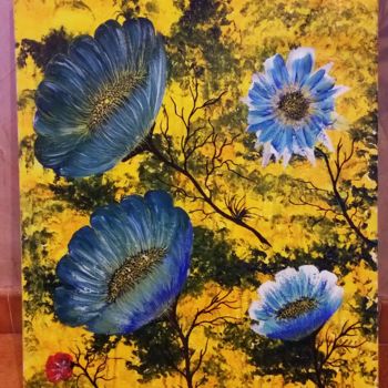 Malerei mit dem Titel "Des fleurs bleues" von Florence Castelli  Flofloyd, Original-Kunstwerk, Acryl