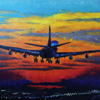 Painting titled "Plane at the sunset…" by Mariam Mary Ellen, Original Artwork, Oil