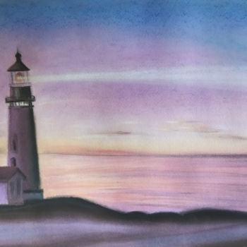 Painting titled "Lighthouse at sunset" by Mariam Mary Ellen, Original Artwork, Pastel