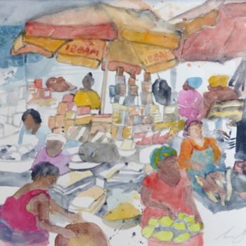 Painting titled "Mercado exótico" by Mara Grubert, Original Artwork, Watercolor