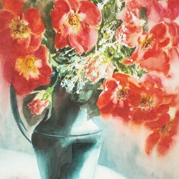 Painting titled "Les roses anciennes" by Marc Broudic, Original Artwork, Watercolor