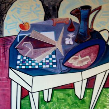 Painting titled "Table au turbot" by Marc Bulyss, Original Artwork, Oil Mounted on Wood Stretcher frame