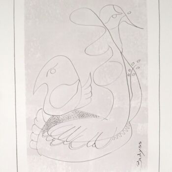 Dessin intitulée "Le Cygne au poussin" par Marc Bulyss, Œuvre d'art originale, Encre