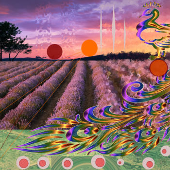 Digital Arts titled "Peacock And Lavender" by Marc Bulyss, Original Artwork, Digital Painting