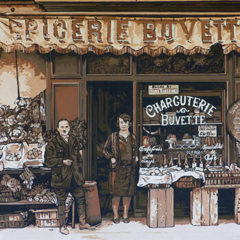 Painting titled "Epicerie buvette" by Marc Coutureau, Original Artwork, Acrylic Mounted on Wood Panel