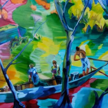 Painting titled "Pirogue" by Marc Declercq, Original Artwork, Oil