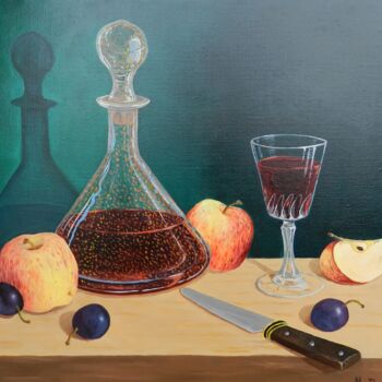 Painting titled "Carafe et pommes" by Marc Degieux, Original Artwork, Oil