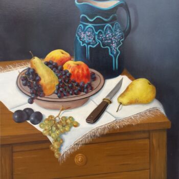 Peinture intitulée "Cruche bleue et fru…" par Marc Degieux, Œuvre d'art originale, Huile