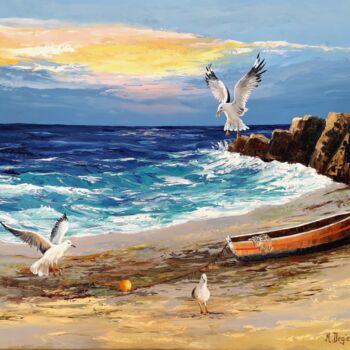 Painting titled "Les oiseaux" by Marc Degieux, Original Artwork, Oil
