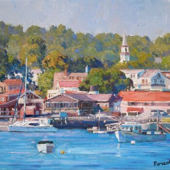 Painting titled "Boothbay Harbor" by Marc Forestier, Original Artwork, Oil Mounted on Wood Stretcher frame
