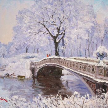 Pintura intitulada "Snow in Central Park" por Marc Forestier, Obras de arte originais, Óleo Montado em Armação em madeira