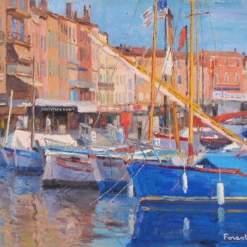 Painting titled "Boats in Saint-Trop…" by Marc Forestier, Original Artwork, Oil Mounted on Wood Stretcher frame