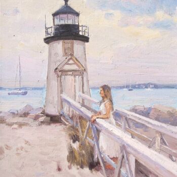 Painting titled "Brant Point Light,…" by Marc Forestier, Original Artwork, Oil Mounted on Wood Stretcher frame