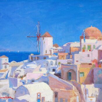 Painting titled "Oia, Santorini Isla…" by Marc Forestier, Original Artwork, Oil Mounted on Wood Stretcher frame