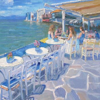 Peinture intitulée "Seascape in Mykonos…" par Marc Forestier, Œuvre d'art originale, Huile Monté sur Châssis en bois