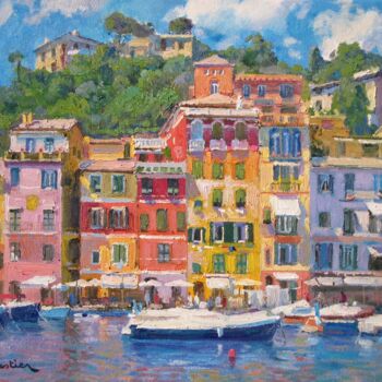 Painting titled "Boats in Portofino" by Marc Forestier, Original Artwork, Oil Mounted on Wood Stretcher frame