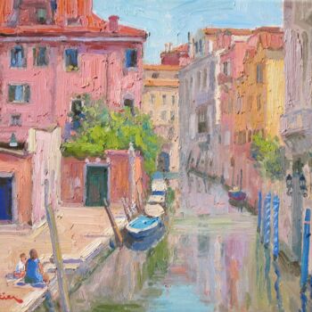 「Along the Canal in…」というタイトルの絵画 Marc Forestierによって, オリジナルのアートワーク, オイル ウッドストレッチャーフレームにマウント