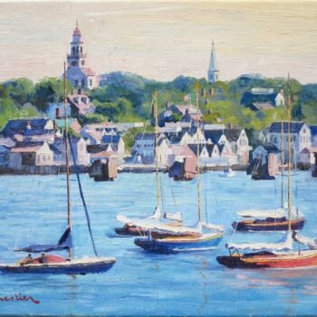 Malarstwo zatytułowany „Nantucket Harbor” autorstwa Marc Forestier, Oryginalna praca, Olej Zamontowany na Drewniana rama nos…
