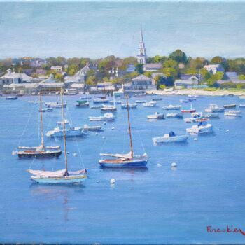Painting titled "Boats in Nantucket…" by Marc Forestier, Original Artwork, Oil Mounted on Wood Stretcher frame