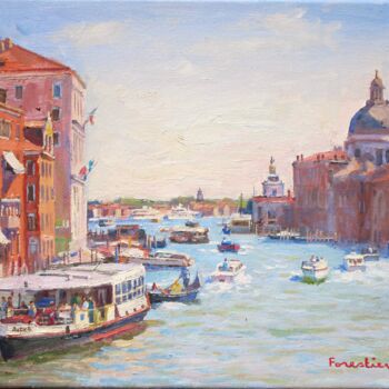 Painting titled "Boats in Venice, It…" by Marc Forestier, Original Artwork, Oil Mounted on Wood Stretcher frame