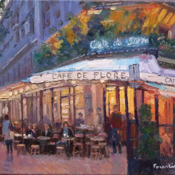 Painting titled "Paris, le Cafe de F…" by Marc Forestier, Original Artwork, Oil Mounted on Wood Stretcher frame