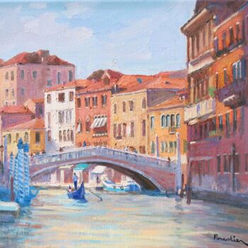 Painting titled "Gondola on the Cana…" by Marc Forestier, Original Artwork, Oil Mounted on Wood Stretcher frame