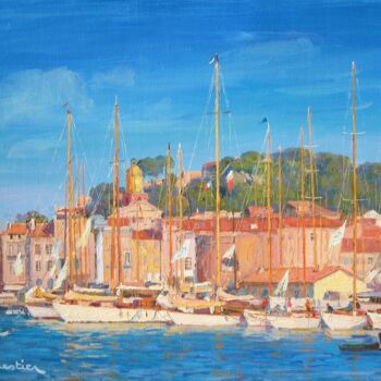 Painting titled "The Harbor of Saint…" by Marc Forestier, Original Artwork, Oil Mounted on Wood Stretcher frame